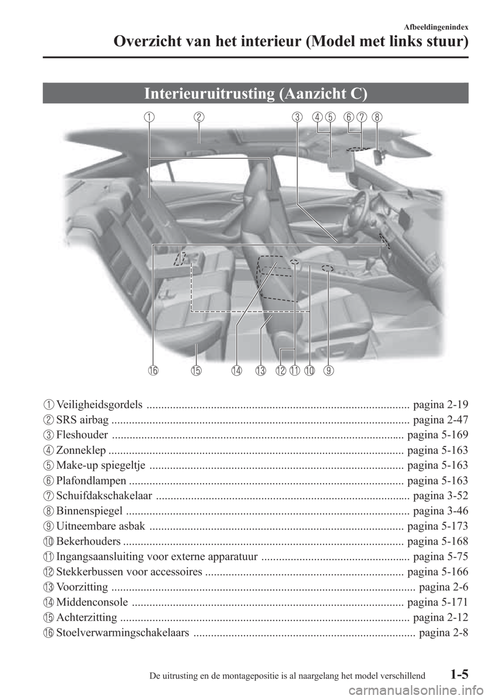 MAZDA MODEL 6 2015 Handleiding (in Dutch) Interieuruitrusting (Aanzicht C)
Veiligheidsgordels .......................................................................................... pagina 2-19
SRS airbag .................................. MAZDA MODEL 6 2015 Handleiding (in Dutch) Interieuruitrusting (Aanzicht C)
Veiligheidsgordels .......................................................................................... pagina 2-19
SRS airbag ..................................