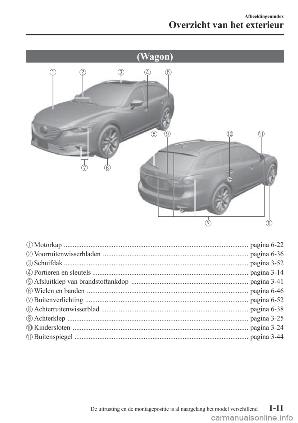 MAZDA MODEL 6 2015 Handleiding (in Dutch) (Wagon)
Motorkap ........................................................................................................ pagina 6-22
Voorruitenwisserbladen ........................................... MAZDA MODEL 6 2015 Handleiding (in Dutch) (Wagon)
Motorkap ........................................................................................................ pagina 6-22
Voorruitenwisserbladen ...........................................