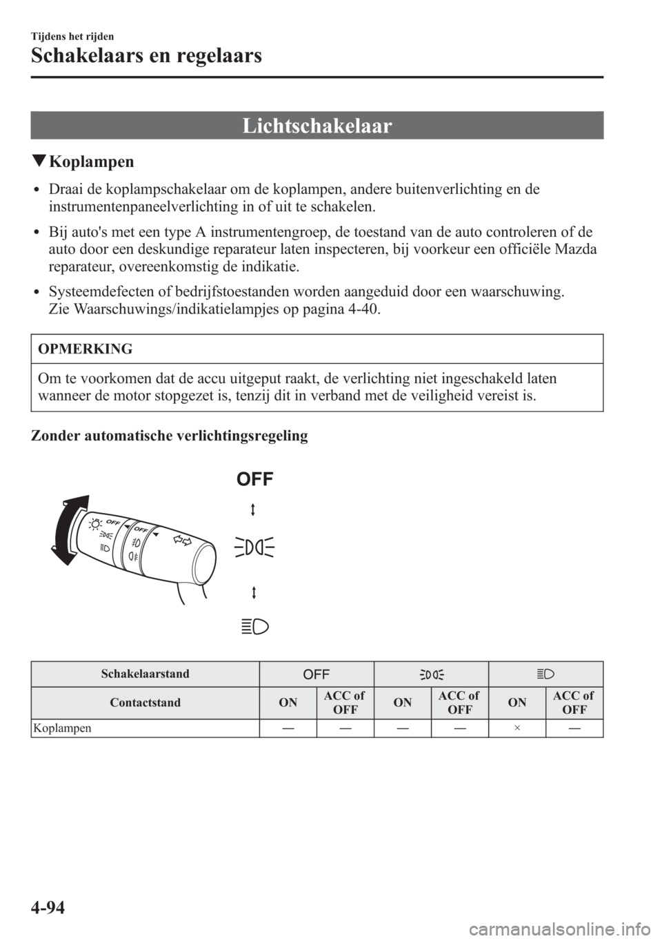 MAZDA MODEL 6 2015 Handleiding (in Dutch) Lichtschakelaar
qKoplampen
lDraai de koplampschakelaar om de koplampen, andere buitenverlichting en de
instrumentenpaneelverlichting in of uit te schakelen.
lBij autos met een type A instrumentengroe MAZDA MODEL 6 2015 Handleiding (in Dutch) Lichtschakelaar
qKoplampen
lDraai de koplampschakelaar om de koplampen, andere buitenverlichting en de
instrumentenpaneelverlichting in of uit te schakelen.
lBij autos met een type A instrumentengroe