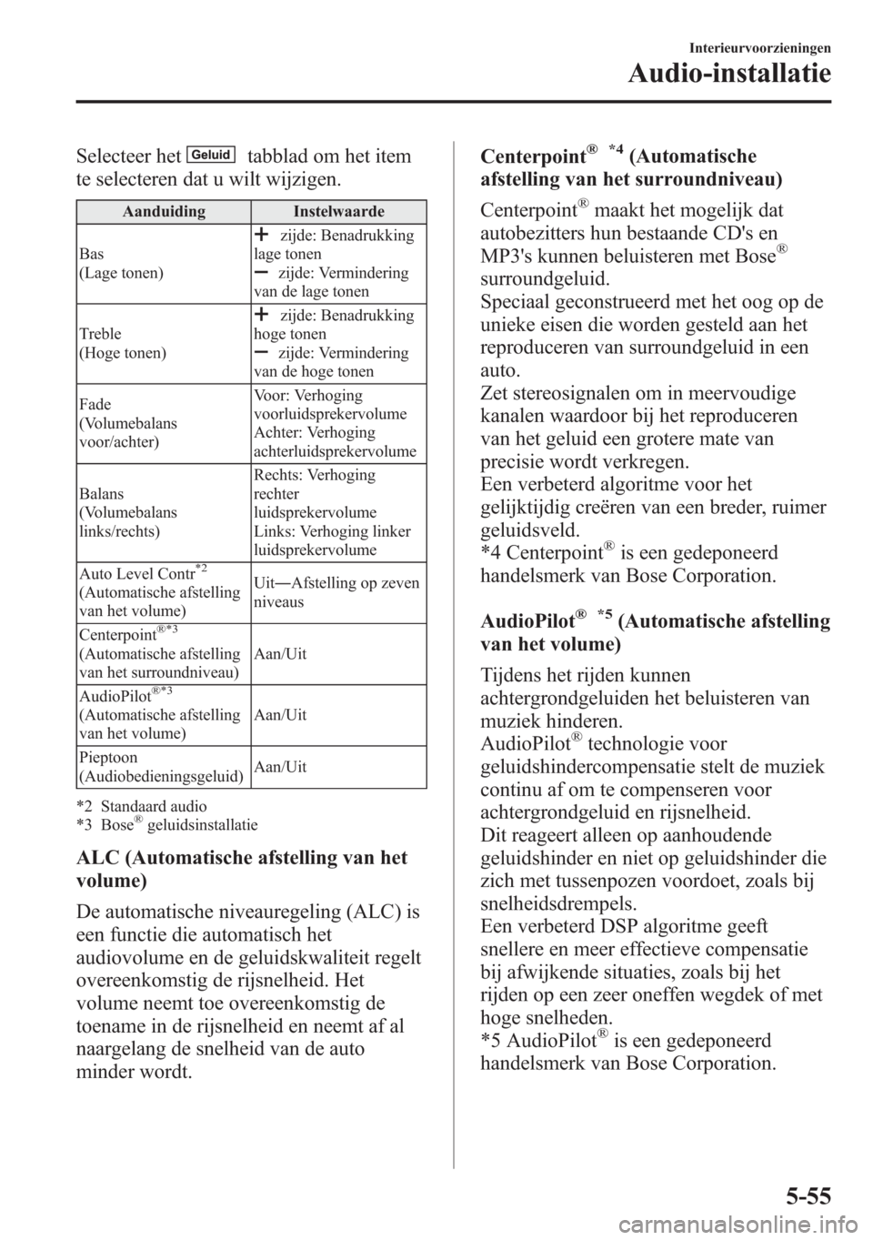 MAZDA MODEL 6 2015 Handleiding (in Dutch) Selecteer hettabblad om het item
te selecteren dat u wilt wijzigen.
Aanduiding Instelwaarde
Bas
(Lage tonen)
zijde: Benadrukking
lage tonen
zijde: Vermindering
van de lage tonen
Treble
(Hoge tonen)
zi MAZDA MODEL 6 2015 Handleiding (in Dutch) Selecteer hettabblad om het item
te selecteren dat u wilt wijzigen.
Aanduiding Instelwaarde
Bas
(Lage tonen)
zijde: Benadrukking
lage tonen
zijde: Vermindering
van de lage tonen
Treble
(Hoge tonen)
zi