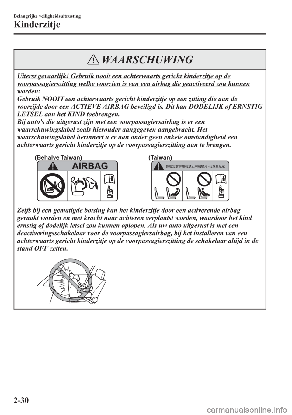 MAZDA MODEL 6 2015  Handleiding (in Dutch) WAARSCHUWING
Uiterst gevaarlijk! Gebruik nooit een achterwaarts gericht kinderzitje op de
voorpassagierszitting welke voorzien is van een airbag die geactiveerd zou kunnen
worden:
Gebruik NOOIT een ac