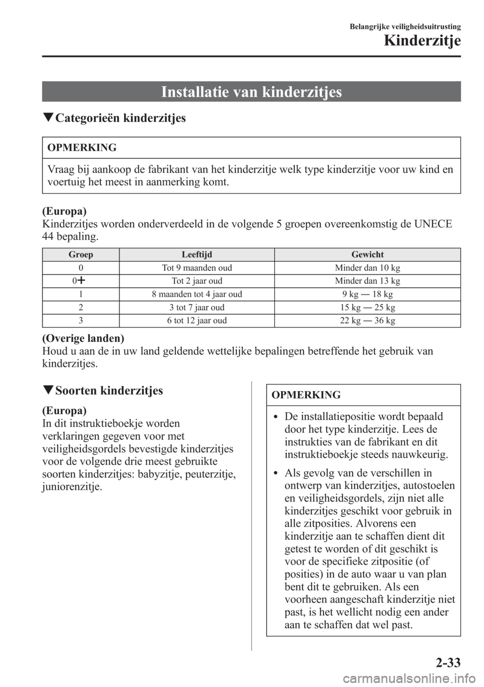 MAZDA MODEL 6 2015  Handleiding (in Dutch) Installatie van kinderzitjes
qCategorieën kinderzitjes
OPMERKING
Vraag bij aankoop de fabrikant van het kinderzitje welk type kinderzitje voor uw kind en
voertuig het meest in aanmerking komt.
(Europ