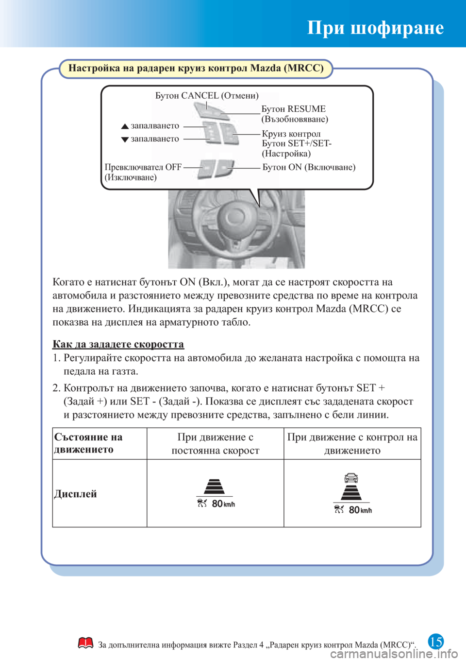 MAZDA MODEL 6 2015 Бързо ръководство (in Bulgarian) При шофиране
15За допълнителна информация вижте Раздел 4 „Радарен круиз контрол Mazda (MRCC)“.
Бутон SET+/SET-
(Настро MAZDA MODEL 6 2015 Бързо ръководство (in Bulgarian) При шофиране
15За допълнителна информация вижте Раздел 4 „Радарен круиз контрол Mazda (MRCC)“.
Бутон SET+/SET-
(Настро