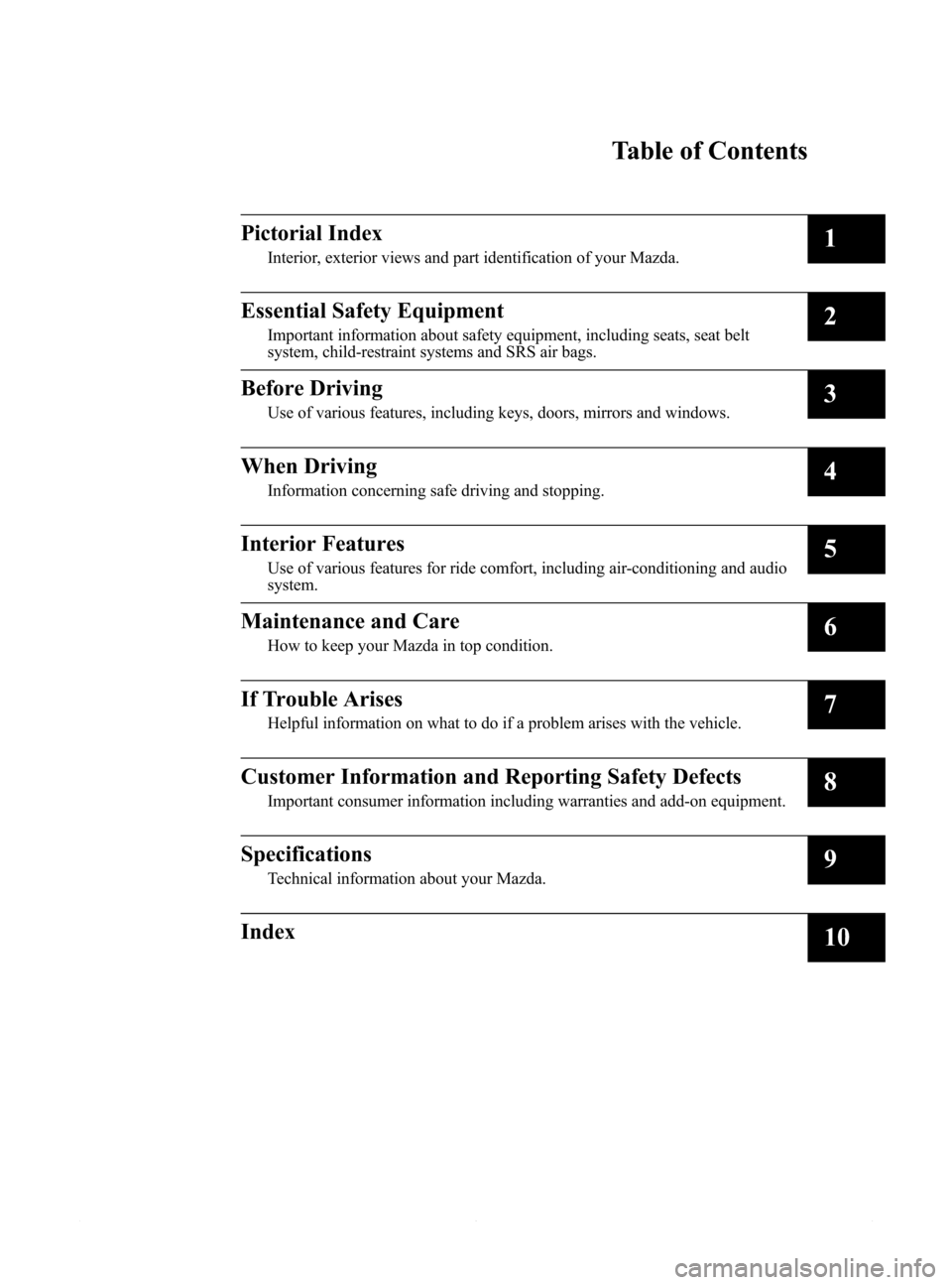 MAZDA MODEL 6 2014  Owners Manual (in English) Black plate (5,1)
Mazda6_8DQ8-EA-13L_Edition3 Page5
Friday, June 13 2014 6:20 PM
Form No.8DQ8-EA-13L
Table of Contents
Pictorial Index
Interior, exterior views and part identification of your Mazda.1
