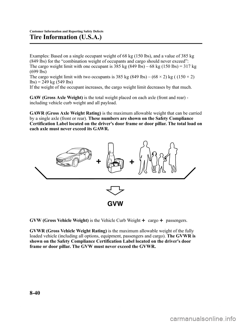 MAZDA MODEL 6 2014 Owners Manual (in English) Black plate (542,1)
Examples: Based on a single occupant weight of 68 kg (150 lbs), and a value of 385 kg
(849 lbs) for the“combination weight of occupants and cargo should never exceed”:
The carg MAZDA MODEL 6 2014 Owners Manual (in English) Black plate (542,1)
Examples: Based on a single occupant weight of 68 kg (150 lbs), and a value of 385 kg
(849 lbs) for the“combination weight of occupants and cargo should never exceed”:
The carg