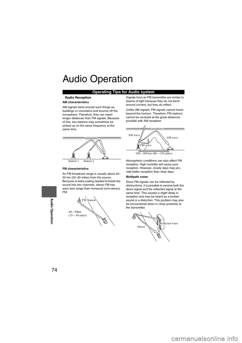 MAZDA MODEL 6 2013 Navigation Manual (in English) 74
Before
UseGetting
started
Routing Address
Book
Vo i c e Recognition
Navigation
Set Up
RDM-TMC
Audio Operation
Navigation
Set Up
Audio Operation
nRadio Reception
AM characteristics
AM signals b MAZDA MODEL 6 2013 Navigation Manual (in English) 74
Before
UseGetting
started
Routing Address
Book
Vo i c e Recognition
Navigation
Set Up
RDM-TMC
Audio Operation
Navigation
Set Up
Audio Operation
nRadio Reception
AM characteristics
AM signals b