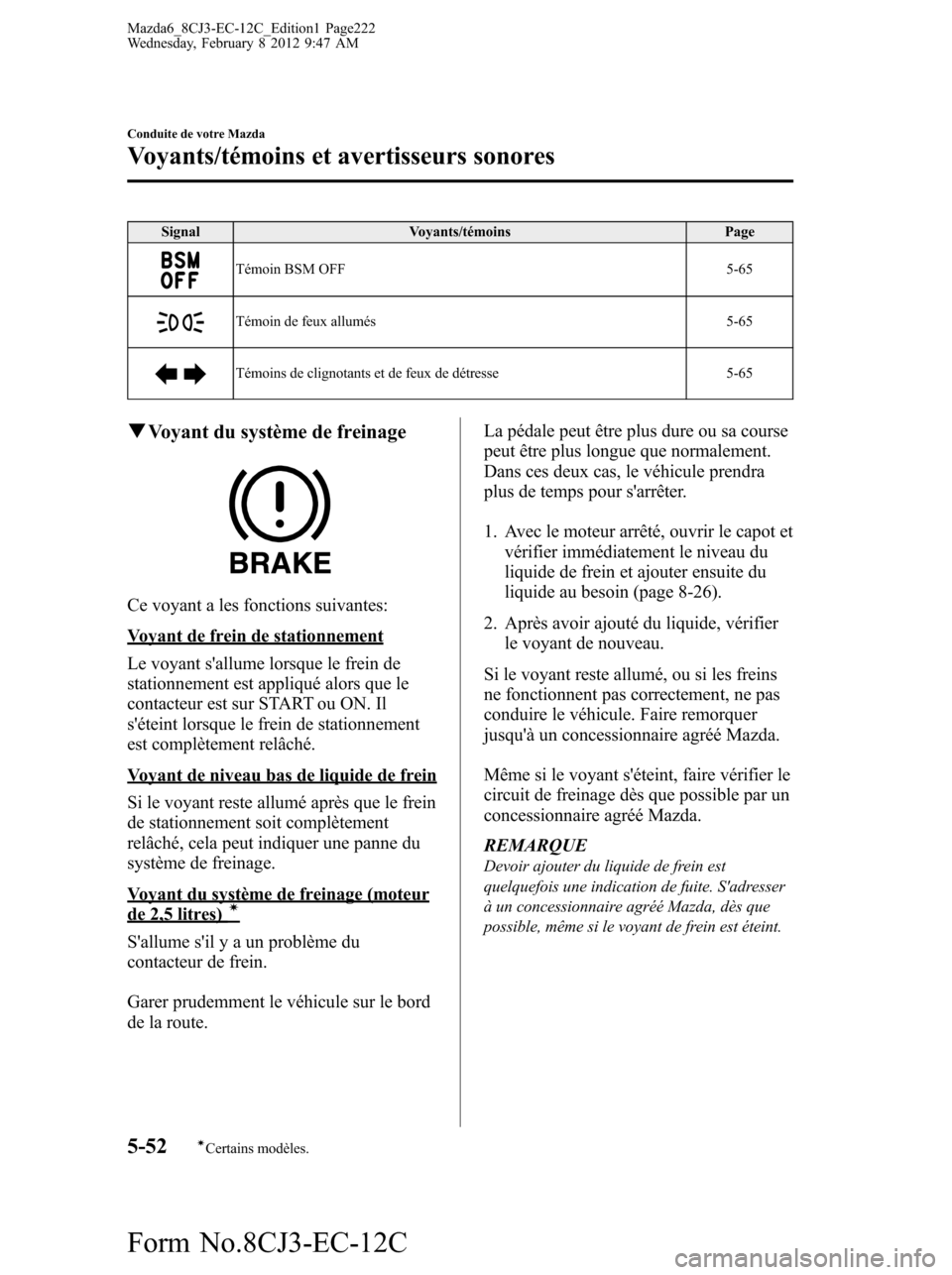 MAZDA MODEL 6 2013  Manuel du propriétaire (in French) Signal Voyants/témoins Page
Témoin BSM OFF 5-65
Témoin de feux allumés 5-65
Témoins de clignotants et de feux de détresse 5-65
qVoyant du système de freinage
Ce voyant a les fonctions suivantes
