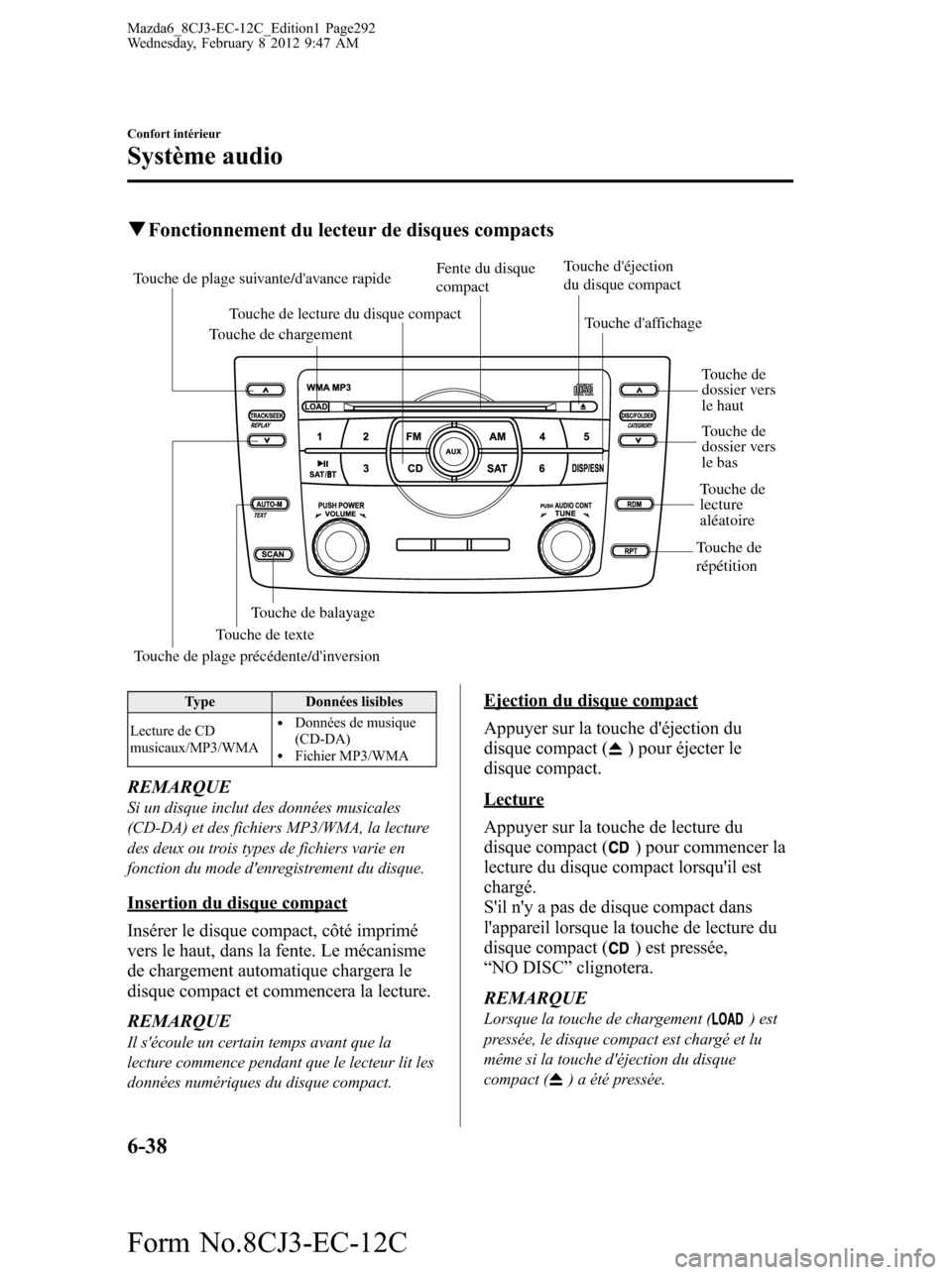 MAZDA MODEL 6 2013  Manuel du propriétaire (in French) qFonctionnement du lecteur de disques compacts
Touche de plage précédente/dinversion Touche de plage suivante/davance rapideTouche déjection 
du disque compact Fente du disque 
compact
Touche de