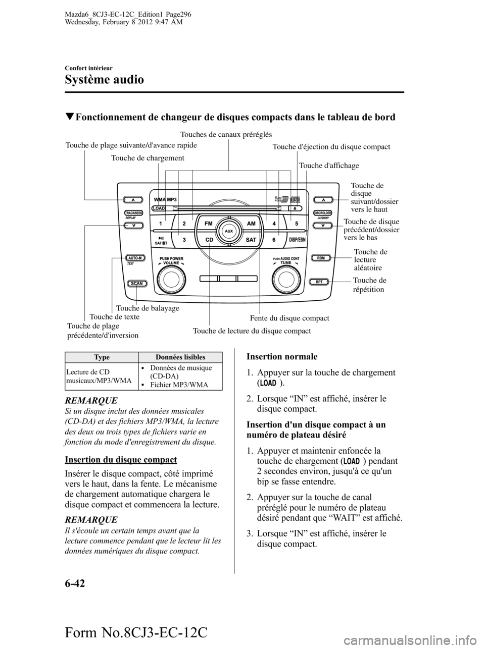 MAZDA MODEL 6 2013  Manuel du propriétaire (in French) qFonctionnement de changeur de disques compacts dans le tableau de bord
Touche de plage suivante/davance rapide
Touche déjection du disque compact
Touche daffichage
Touche de chargement
Touches de