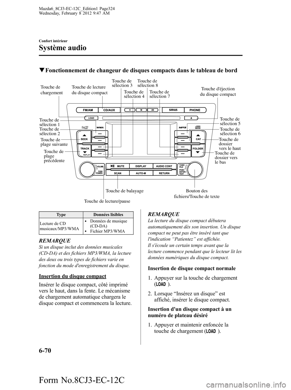 MAZDA MODEL 6 2013 Manuel du propriétaire (in French) qFonctionnement de changeur de disques compacts dans le tableau de bord
Touche de
dossier vers
le basTouche de
dossier
vers le haut
Touche de lecture/pause
Touche de balayage Touche de
plage
pr MAZDA MODEL 6 2013 Manuel du propriétaire (in French) qFonctionnement de changeur de disques compacts dans le tableau de bord
Touche de
dossier vers
le basTouche de
dossier
vers le haut
Touche de lecture/pause
Touche de balayage Touche de
plage
pr