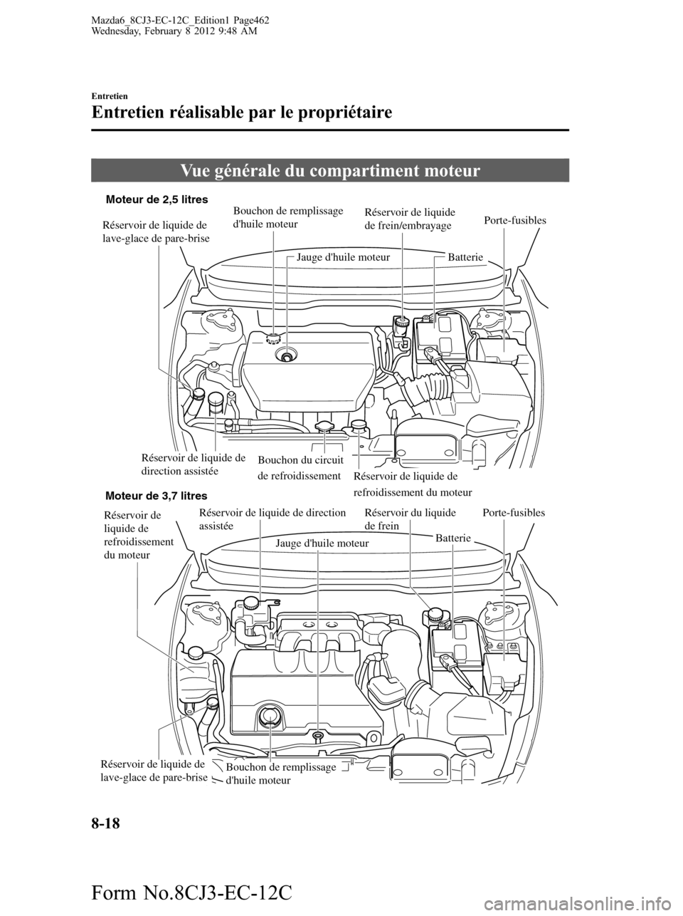 MAZDA MODEL 6 2013 Manuel du propriétaire (in French) Vue générale du compartiment moteur
Réservoir de liquide
de frein/embrayage
Réservoir du liquide
de frein Réservoir de liquide de direction
assistée
Réservoir de liquide de
refroidissement MAZDA MODEL 6 2013 Manuel du propriétaire (in French) Vue générale du compartiment moteur
Réservoir de liquide
de frein/embrayage
Réservoir du liquide
de frein Réservoir de liquide de direction
assistée
Réservoir de liquide de
refroidissement