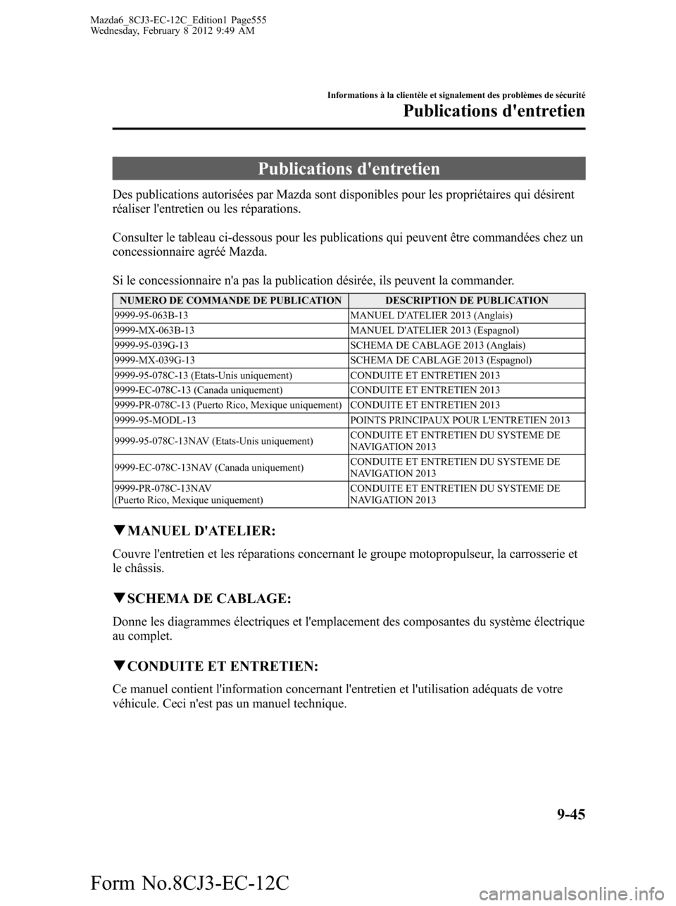 MAZDA MODEL 6 2013 Manuel du propriétaire (in French) Publications dentretien
Des publications autorisées par Mazda sont disponibles pour les propriétaires qui désirent
réaliser lentretien ou les réparations.
Consulter le tableau ci-dessous pour l MAZDA MODEL 6 2013 Manuel du propriétaire (in French) Publications dentretien
Des publications autorisées par Mazda sont disponibles pour les propriétaires qui désirent
réaliser lentretien ou les réparations.
Consulter le tableau ci-dessous pour l