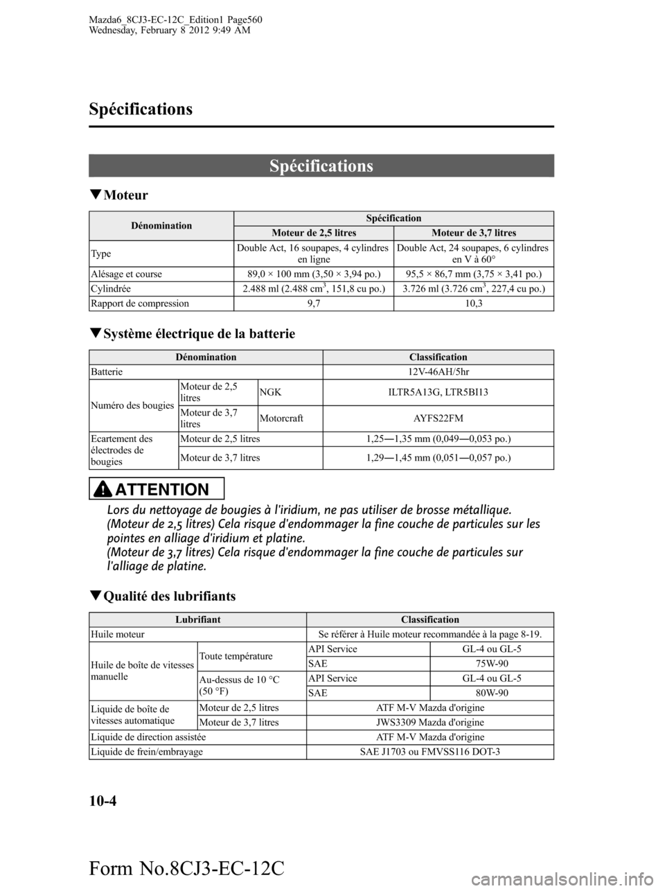 MAZDA MODEL 6 2013 Manuel du propriétaire (in French) Spécifications
qMoteur
DénominationSpécification
Moteur de 2,5 litres Moteur de 3,7 litres
TypeDouble Act, 16 soupapes, 4 cylindres
en ligneDouble Act, 24 soupapes, 6 cylindres
en V à 60°
Alésag MAZDA MODEL 6 2013 Manuel du propriétaire (in French) Spécifications
qMoteur
DénominationSpécification
Moteur de 2,5 litres Moteur de 3,7 litres
TypeDouble Act, 16 soupapes, 4 cylindres
en ligneDouble Act, 24 soupapes, 6 cylindres
en V à 60°
Alésag
