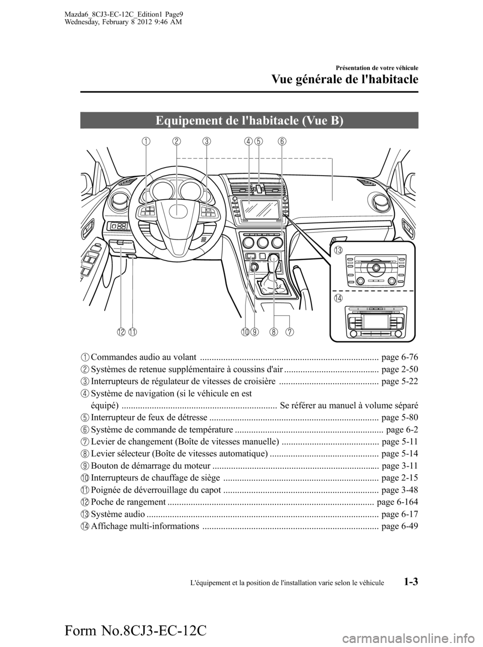 MAZDA MODEL 6 2013  Manuel du propriétaire (in French) Equipement de lhabitacle (Vue B)
Commandes audio au volant ............................................................................. page 6-76
Systèmes de retenue supplémentaire à coussins da