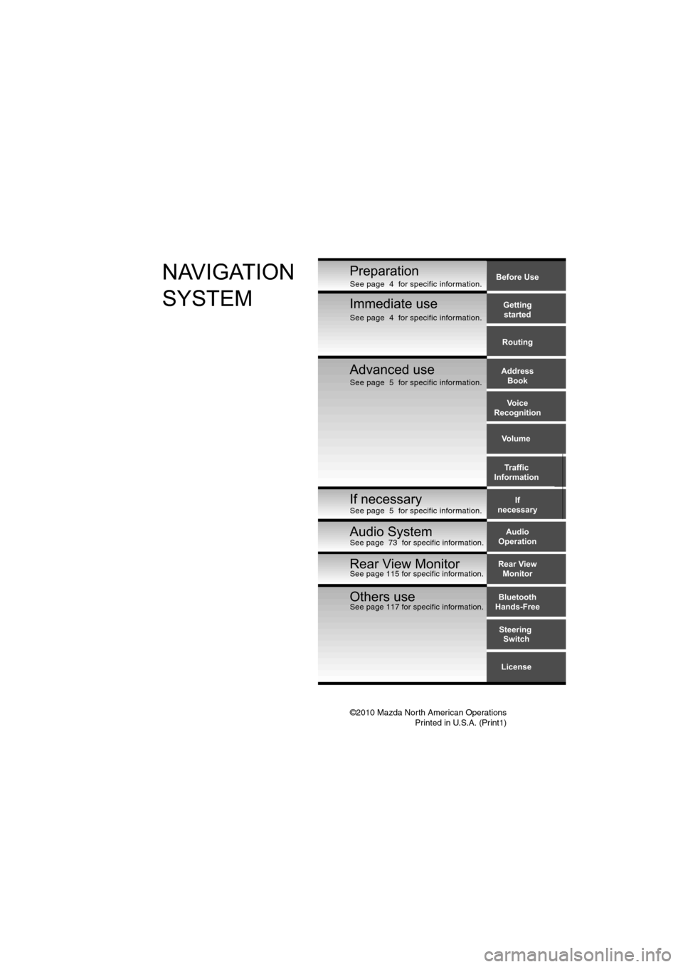 MAZDA MODEL 6 2012  Navigation Manual (in English) ©2010 Mazda North American OperationsPrinted in U.S.A. (Print1)
Before Use
Gettingstarted
Routing
Address Book
Voice 
Recognition
Volume
If
necessary Traffic
InformationPreparationNAVIGATION 
SYSTEM
