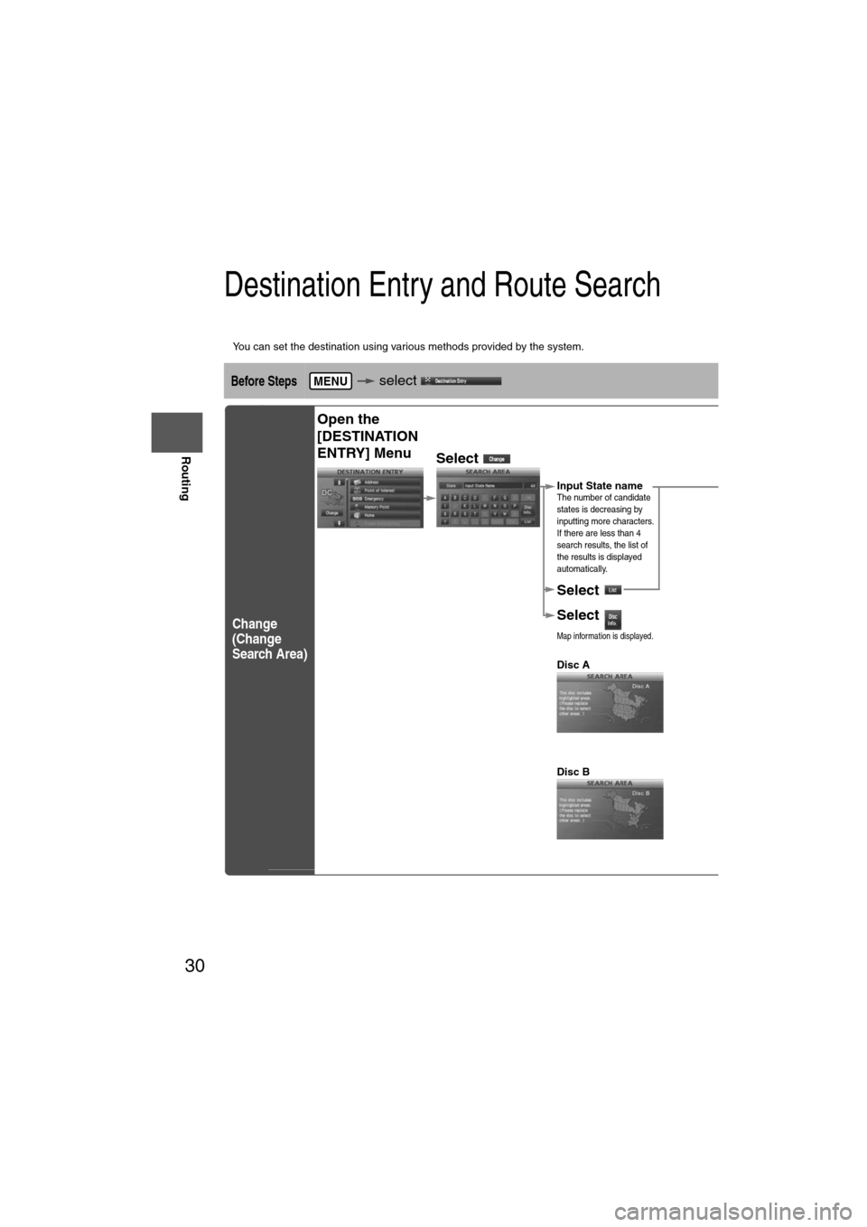 MAZDA MODEL 6 2012  Navigation Manual (in English) 30
Before 
UseGetting
started
Routing
Destination Entry and Route Search
l
You can set the destination using various methods provided by the system.
Before Steps  select   
Change 
(Change 
Search Are