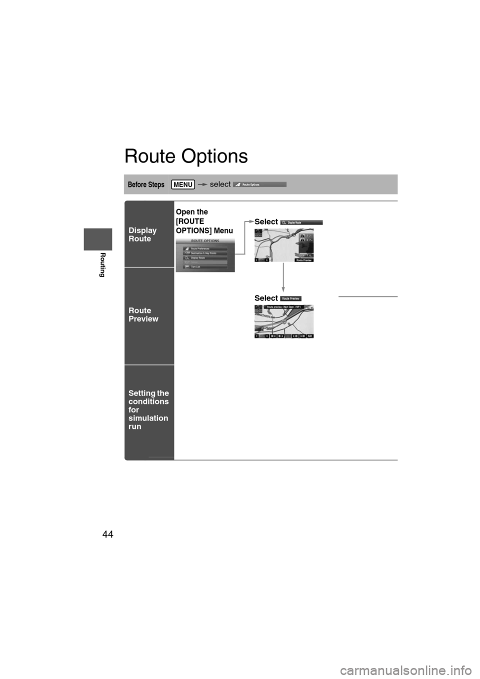 MAZDA MODEL 6 2012  Navigation Manual (in English) 44
Before 
UseGetting
started
Routing
Route Options
Before Steps  select 
 
Display 
Route
Route
Preview
Setting the 
conditions 
for 
simulation 
run
MENU
Open the 
[ROUTE 
OPTIONS] Menu
Select
Selec