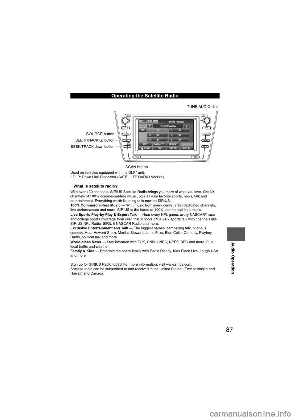 MAZDA MODEL 6 2011 Navigation Manual (in English) 87
Audio Operation
Used on vehicles equipped with the DLP* unit.
* DLP: Down Link Processor (SATELLITE RADIO Module)
nWhat is satellite radio?
With over 130 channels, SIRIUS Satellite Radio brings you MAZDA MODEL 6 2011 Navigation Manual (in English) 87
Audio Operation
Used on vehicles equipped with the DLP* unit.
* DLP: Down Link Processor (SATELLITE RADIO Module)
nWhat is satellite radio?
With over 130 channels, SIRIUS Satellite Radio brings you