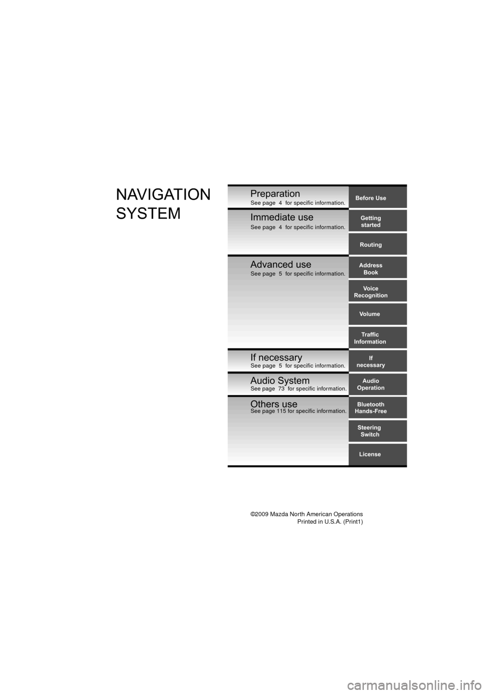 MAZDA MODEL 6 2010  Navigation Manual (in English) ©2009 Mazda North American OperationsPrinted in U.S.A. (Print1)
Before Use
Gettingstarted
Routing
Address Book
Voice 
Recognition
Volume
If
necessary Traffic
InformationPreparationNAVIGATION 
SYSTEM
