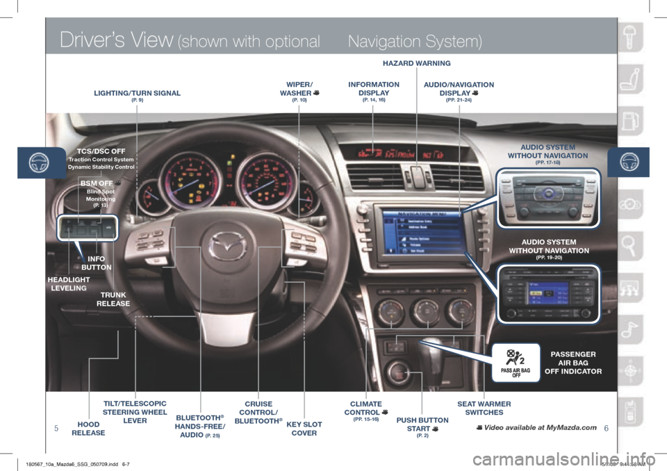 MAZDA MODEL 6 2010  Smart Start Guide (in English) Driver’s View (shown with optional
56
 Navigation System)
LIgh TINg/T URN SI gNAL(P. 9)
WIPER / 
WAS hER  
(P. 10)
BLUETOOT h® 
hANDS-FREE/ AUDIO 
(P. 25)
CRUISE  
CONTROL /
B LUETOOT h
®hOOD 
REL
