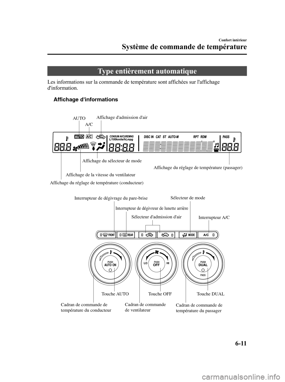 MAZDA MODEL 6 2010 Manuel du propriétaire (in French) Type entièrement automatique
Les informations sur la commande de température sont affichées sur laffichage
dinformation.
Affichage dinformations
A/CAU TOAffichage dadmission dair
Affichage du MAZDA MODEL 6 2010 Manuel du propriétaire (in French) Type entièrement automatique
Les informations sur la commande de température sont affichées sur laffichage
dinformation.
Affichage dinformations
A/CAU TOAffichage dadmission dair
Affichage du