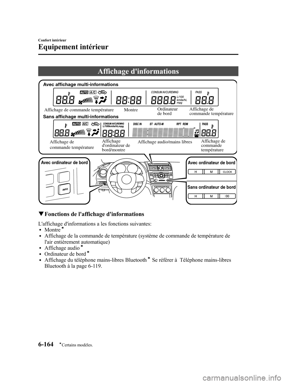 MAZDA MODEL 6 2010 Manuel du propriétaire (in French) Affichage dinformations
Affichage audio/mains libresAffichage de
commande température Affichage de commande température Montre
Ordinateur
de bordAffichage de
commande température
Affichage de
MAZDA MODEL 6 2010 Manuel du propriétaire (in French) Affichage dinformations
Affichage audio/mains libresAffichage de
commande température Affichage de commande température Montre
Ordinateur
de bordAffichage de
commande température
Affichage de