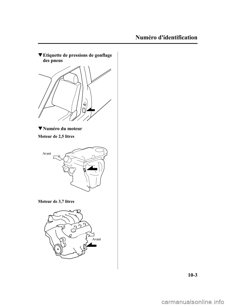 MAZDA MODEL 6 2010 Manuel du propriétaire (in French) qEtiquette de pressions de gonflage
des pneus
qNuméro du moteur
Moteur de 2,5 litres
Avant
Moteur de 3,7 litres
Avant
Numéro didentification
10-3
Mazda6_8AS2-EC-09E_Edition1 Page561
Wednesday, May MAZDA MODEL 6 2010 Manuel du propriétaire (in French) qEtiquette de pressions de gonflage
des pneus
qNuméro du moteur
Moteur de 2,5 litres
Avant
Moteur de 3,7 litres
Avant
Numéro didentification
10-3
Mazda6_8AS2-EC-09E_Edition1 Page561
Wednesday, May