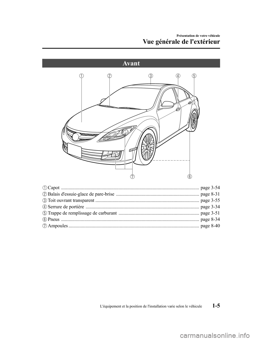 MAZDA MODEL 6 2010  Manuel du propriétaire (in French) Avant
Capot ................................................................................................................. page 3-54
Balais dessuie-glace de pare-brise ............................