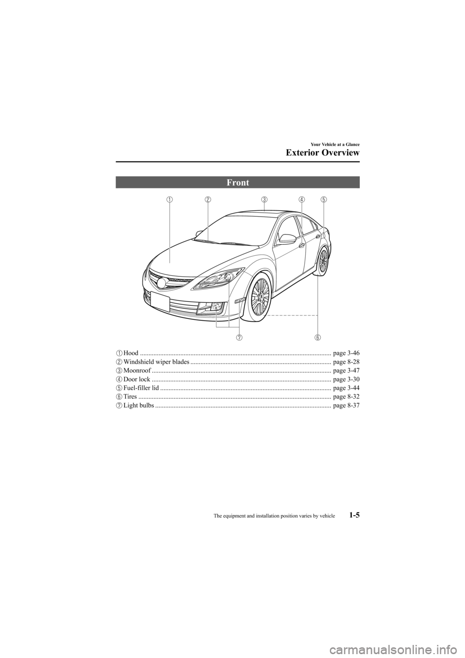 MAZDA MODEL 6 2009  Owners Manual (in English) Black plate (11,1)
Front
Hood .................................................................................................................. page 3-46
Windshield wiper blades .....................