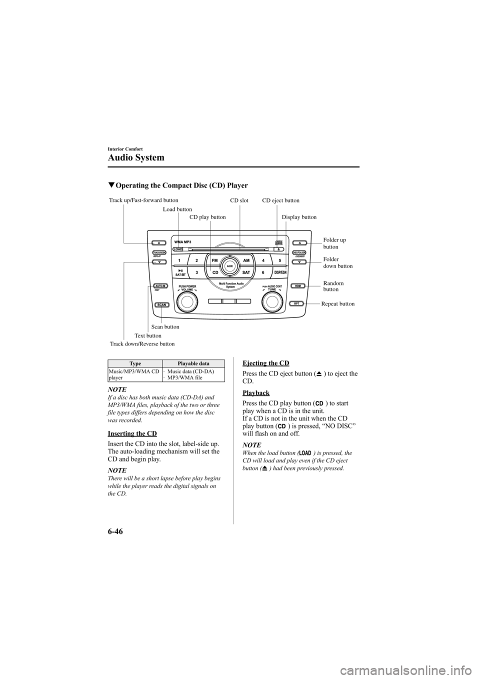 MAZDA MODEL 6 2009 Owners Manual (in English) Black plate (264,1)
qOperating the Compact Disc (CD) Player
Track down/Reverse button
Track up/Fast-forward button
CD eject button
CD slot
CD play button
Display button
Folder
down button Folder up
MAZDA MODEL 6 2009 Owners Manual (in English) Black plate (264,1)
qOperating the Compact Disc (CD) Player
Track down/Reverse button
Track up/Fast-forward button
CD eject button
CD slot
CD play button
Display button
Folder
down button Folder up