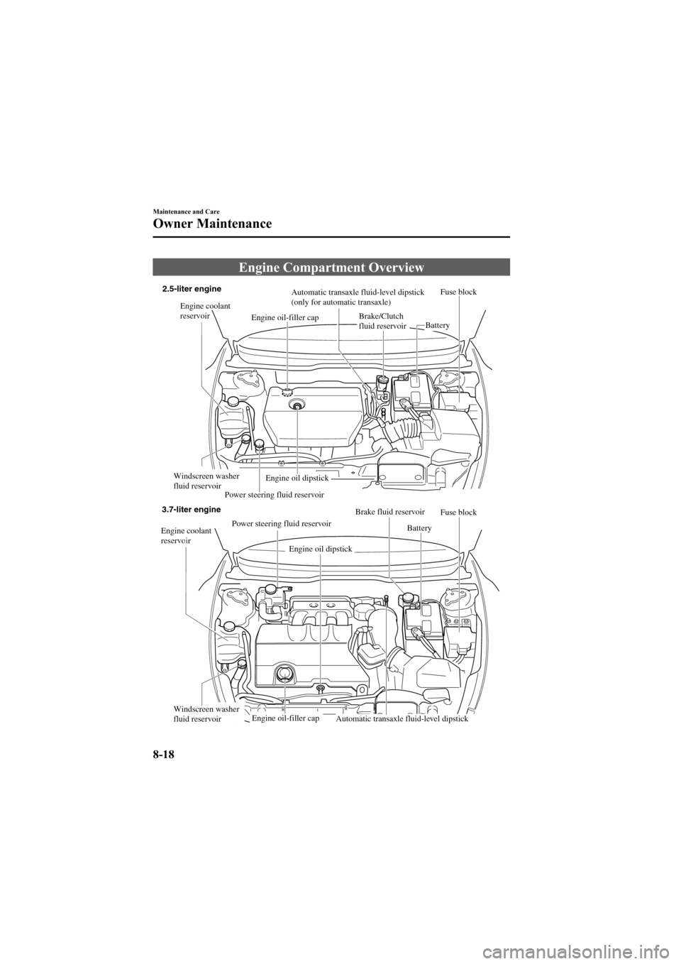 MAZDA MODEL 6 2009 Owners Manual (in English) Black plate (360,1)
Engine Compartment Overview
Automatic transaxle fluid-level dipstick
(only for automatic transaxle)Brake/Clutch
fluid reservoir
Brake fluid reservoir
Power steering fluid reservo MAZDA MODEL 6 2009 Owners Manual (in English) Black plate (360,1)
Engine Compartment Overview
Automatic transaxle fluid-level dipstick
(only for automatic transaxle)Brake/Clutch
fluid reservoir
Brake fluid reservoir
Power steering fluid reservo