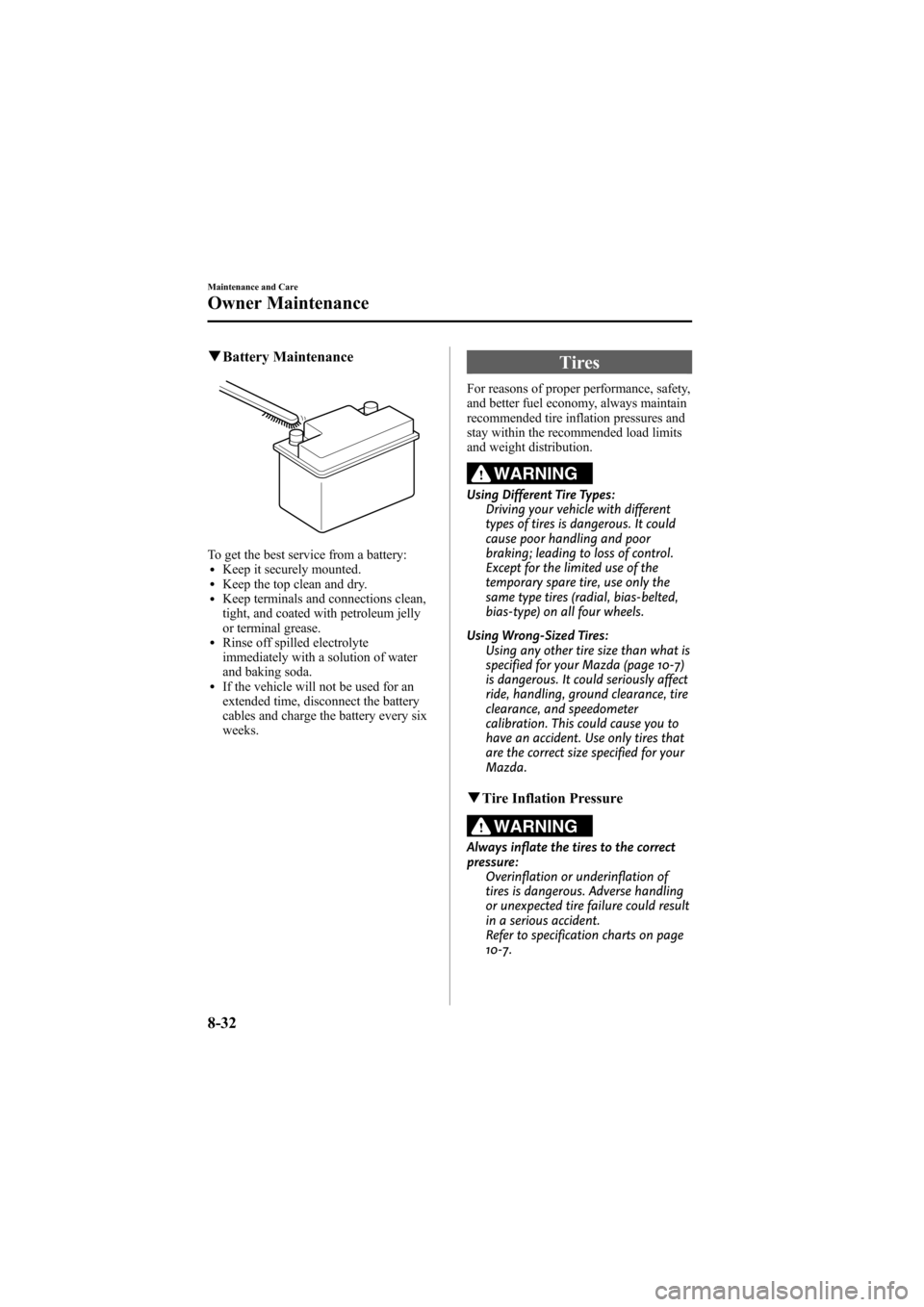 MAZDA MODEL 6 2009  Owners Manual (in English) Black plate (374,1)
qBattery Maintenance
To get the best service from a battery:lKeep it securely mounted.lKeep the top clean and dry.lKeep terminals and connections clean,
tight, and coated with petr