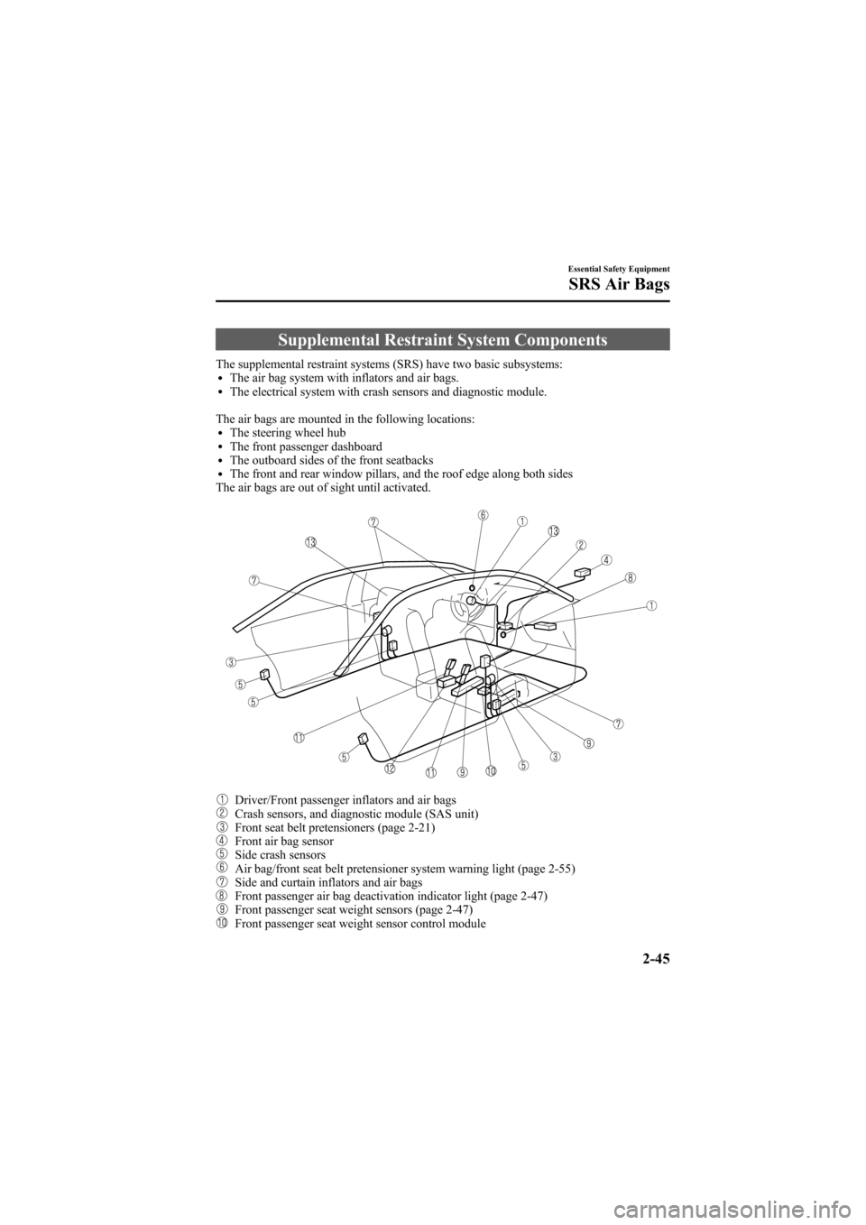 MAZDA MODEL 6 2009  Owners Manual (in English) Black plate (57,1)
Supplemental Restraint System Components
The supplemental restraint systems (SRS) have two basic subsystems:lThe air bag system with inflators and air bags.lThe electrical system wi