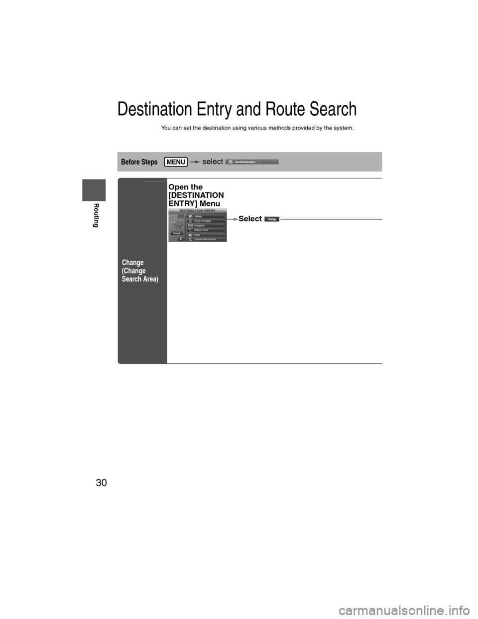 MAZDA MODEL 6 2009  Navigation Manual (in English) 30
Before 
UseGetting
started
Routing
Destination Entry and Route Search
l
You can set the destination using various methods provided by the system.
Before Steps  select   
Change 
(Change 
Search Are