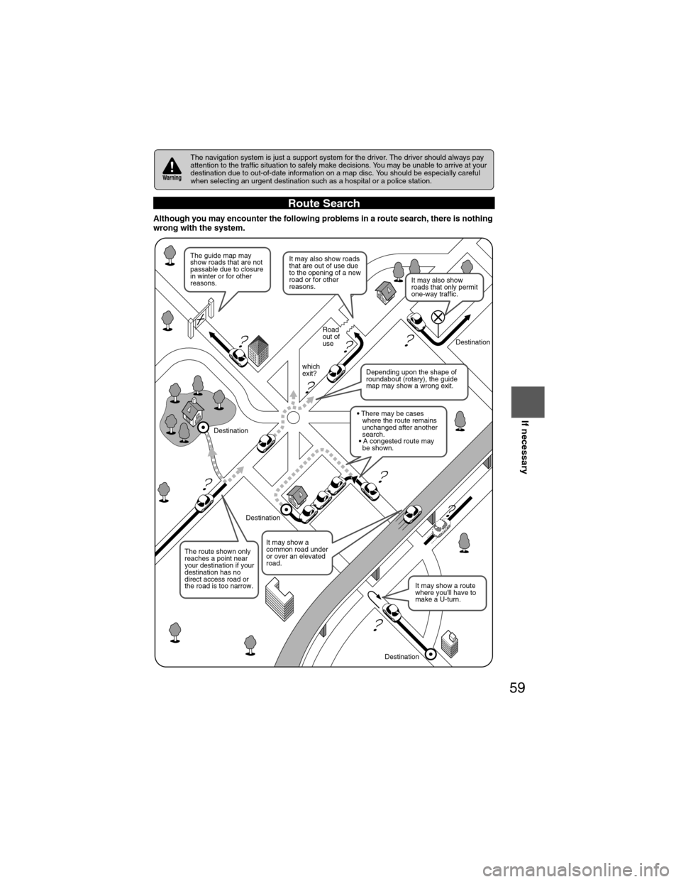 MAZDA MODEL 6 2009  Navigation Manual (in English) 59
Before 
UseGetting
started
RoutingAddress 
BookVo i c e  
Recognition
Navigation 
Set Up
If necessary
Although you may encounter the following problems in a route search, there is nothing 
wrong wi