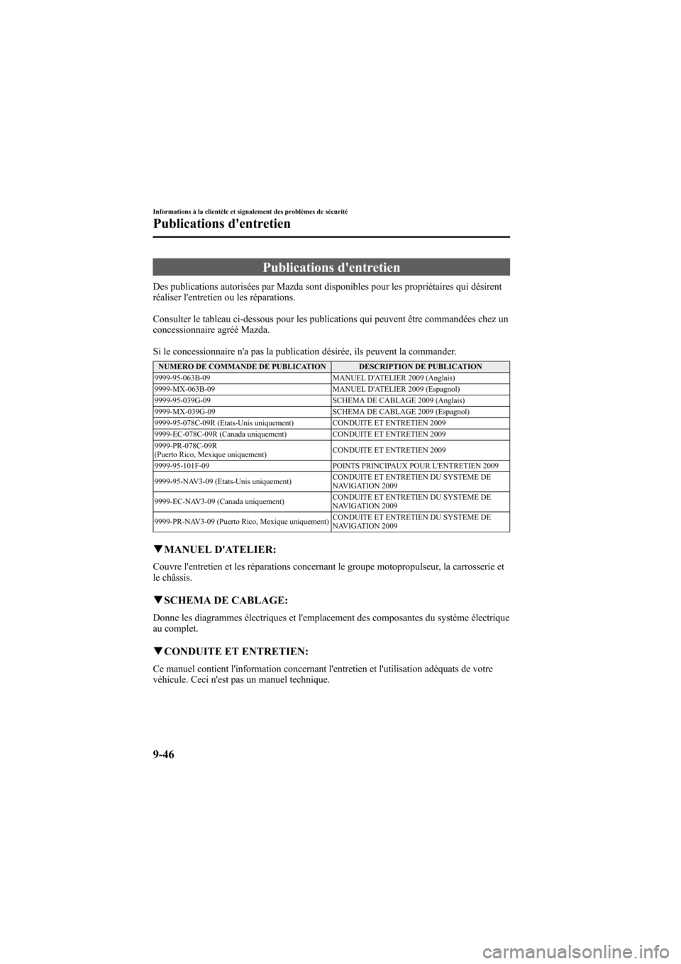 MAZDA MODEL 6 2009 Manuel du propriétaire (in French) Black plate (492,1)
Publications dentretien
Des publications autorisées par Mazda sont disponibles pour les propriétaires qui désirent
réaliser lentretien ou les réparations.
Consulter le table MAZDA MODEL 6 2009 Manuel du propriétaire (in French) Black plate (492,1)
Publications dentretien
Des publications autorisées par Mazda sont disponibles pour les propriétaires qui désirent
réaliser lentretien ou les réparations.
Consulter le table