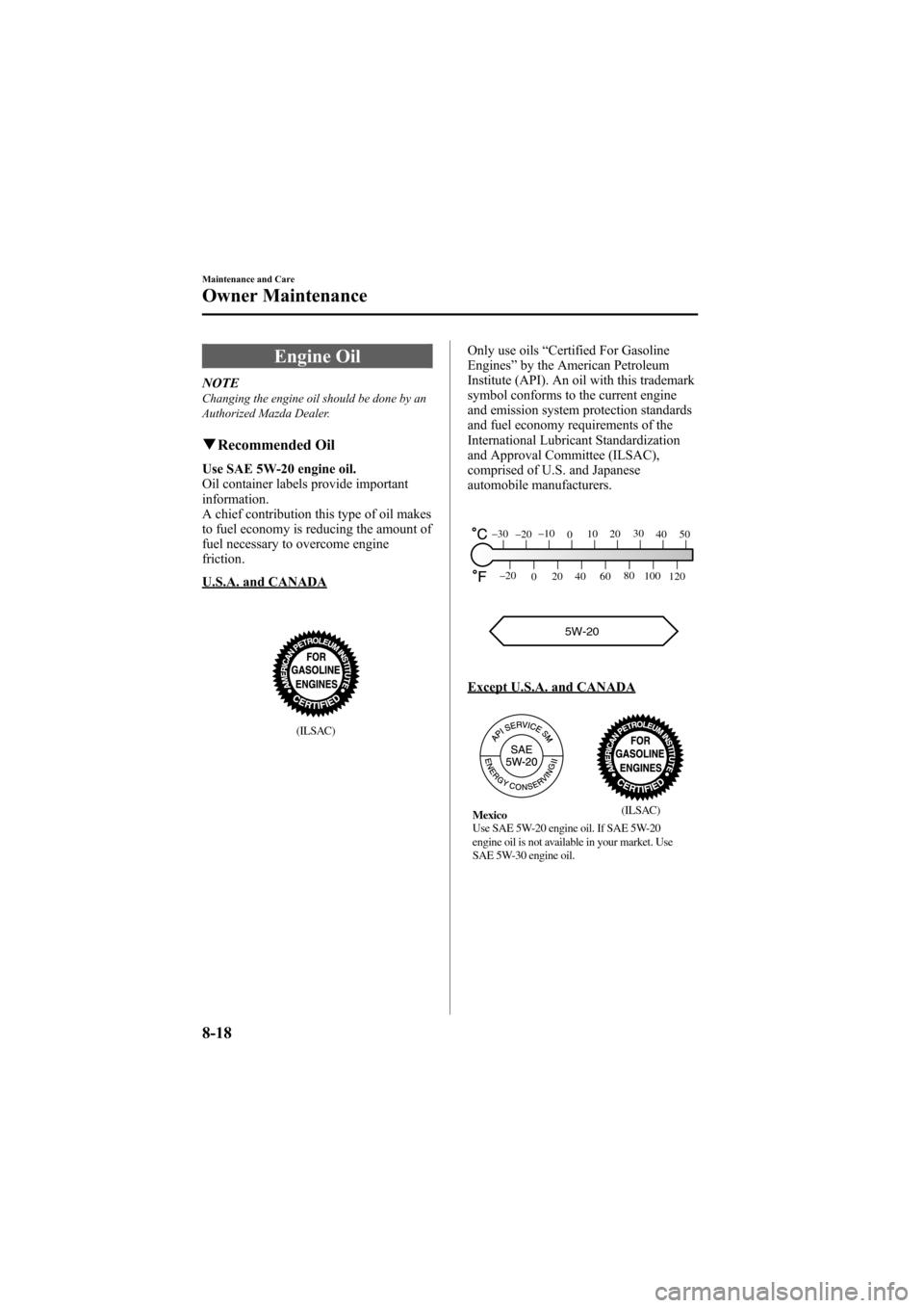 MAZDA MODEL 6 2008  Owners Manual (in English) Black plate (282,1)
Engine Oil
NOTEChanging the engine oil should be done by an
Authorized Mazda Dealer.
qRecommended Oil
Use SAE 5W-20 engine oil.
Oil container labels provide important
information.
