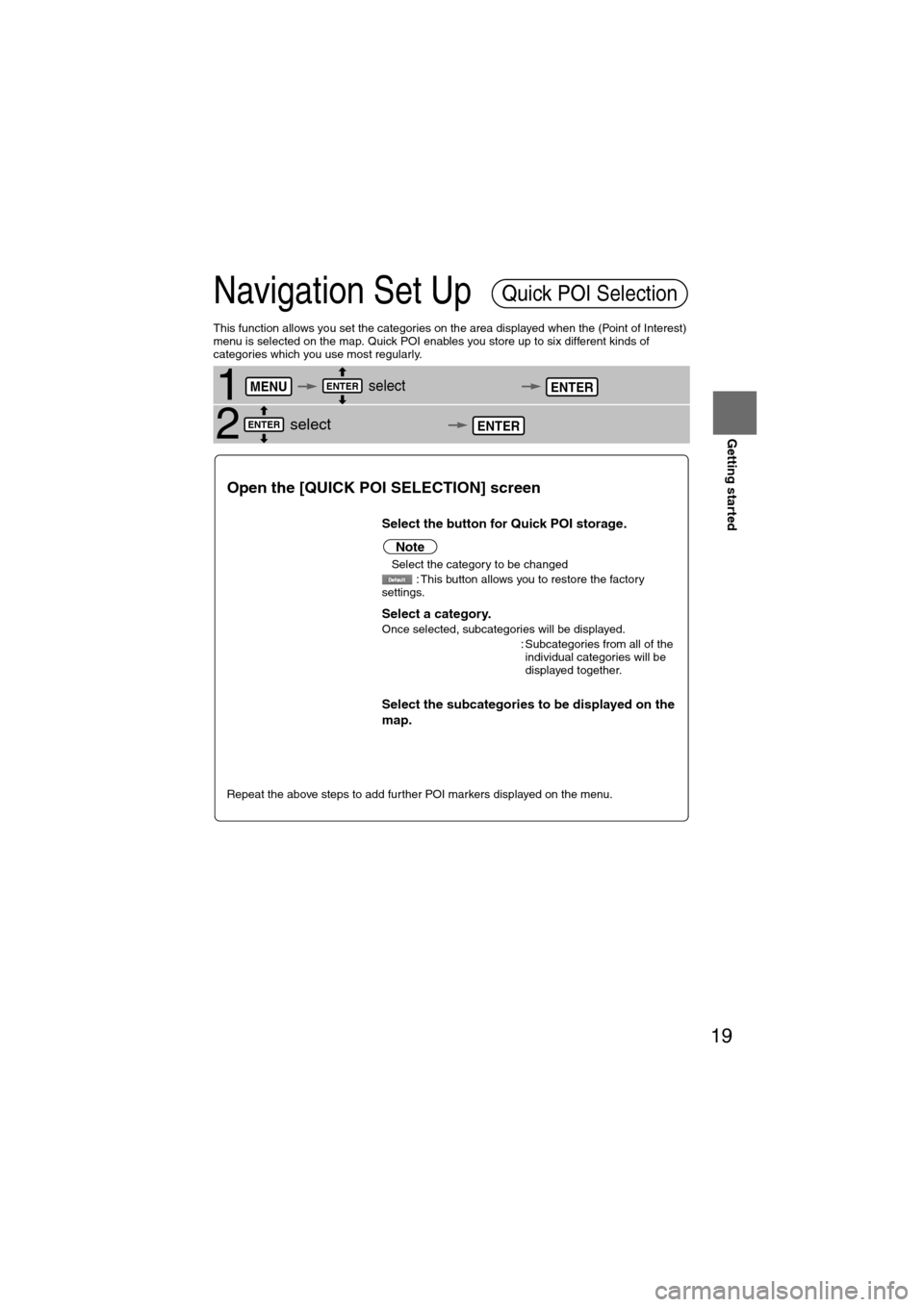MAZDA MODEL 6 2008 Owners Manual (in English) 19
Getting started
Navigation Set Up
This function allows you set the categories on the area displayed when the (Point of Interest)
menu is selected on the map. Quick POI enables you store up to six MAZDA MODEL 6 2008 Owners Manual (in English) 19
Getting started
Navigation Set Up
This function allows you set the categories on the area displayed when the (Point of Interest)
menu is selected on the map. Quick POI enables you store up to six