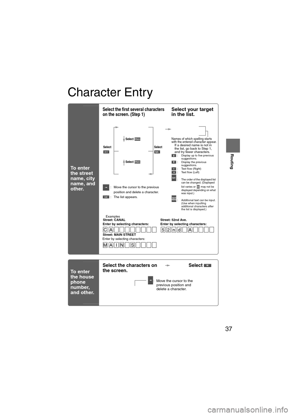 MAZDA MODEL 6 2008 Owners Manual (in English) 37
Before
UseGetting
started
Routing
Character Entry
To e n t e r
the street
name, city
name, and
other.
To e n t e r
the house
phone
number,
and other.
Select the first several character MAZDA MODEL 6 2008 Owners Manual (in English) 37
Before
UseGetting
started
Routing
Character Entry
To e n t e r
the street
name, city
name, and
other.
To e n t e r
the house
phone
number,
and other.
Select the first several character
