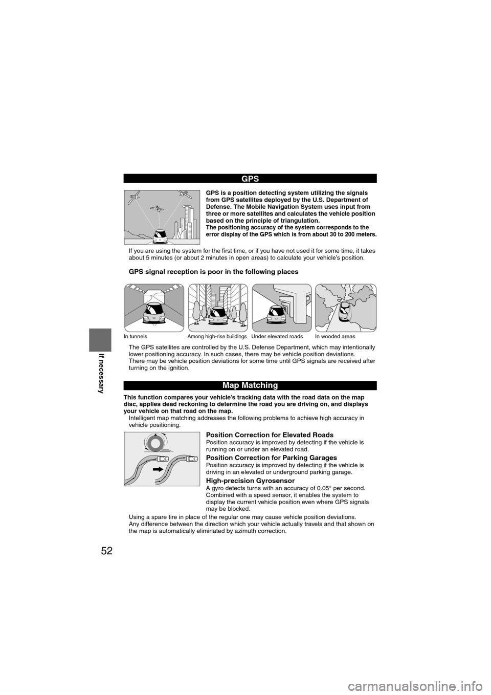 MAZDA MODEL 6 2008  Owners Manual (in English) 52
Before 
UseGetting 
started
RoutingAddress 
Book
Voice Recognition
If necessary
GPS is a position detecting system utilizing the signals 
from GPS satellites deployed by the U.S. Department of 
Def
