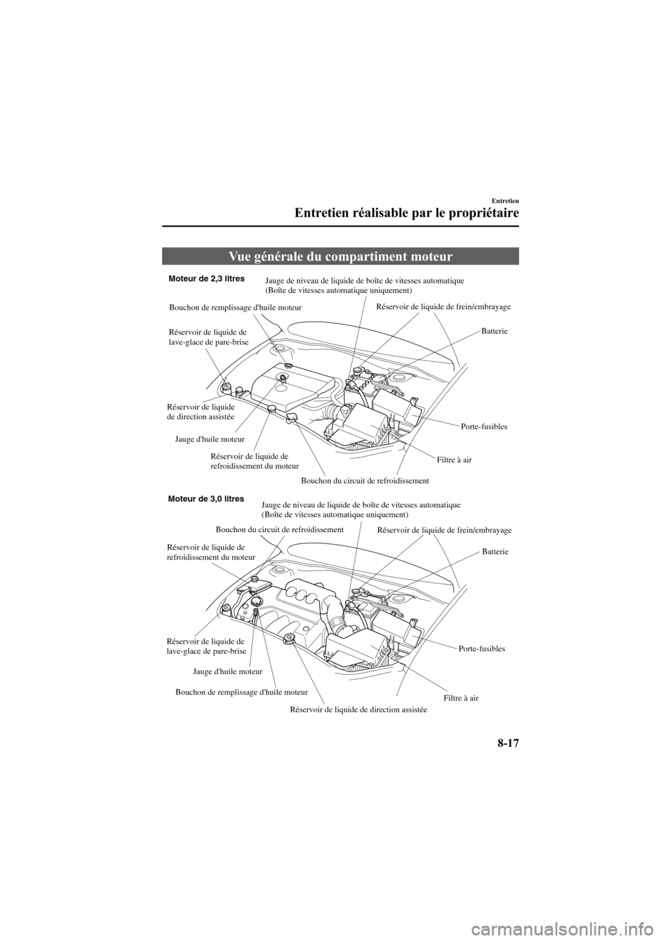 MAZDA MODEL 6 2008 Manuel du propriétaire (in French) Black plate (301,1)
Vue générale du compartiment moteur
Réservoir de liquide
de direction assistéeRéservoir de liquide de
lave-glace de pare-brise
Porte-fusibles
Filtre à air Réservoir de liq MAZDA MODEL 6 2008 Manuel du propriétaire (in French) Black plate (301,1)
Vue générale du compartiment moteur
Réservoir de liquide
de direction assistéeRéservoir de liquide de
lave-glace de pare-brise
Porte-fusibles
Filtre à air Réservoir de liq