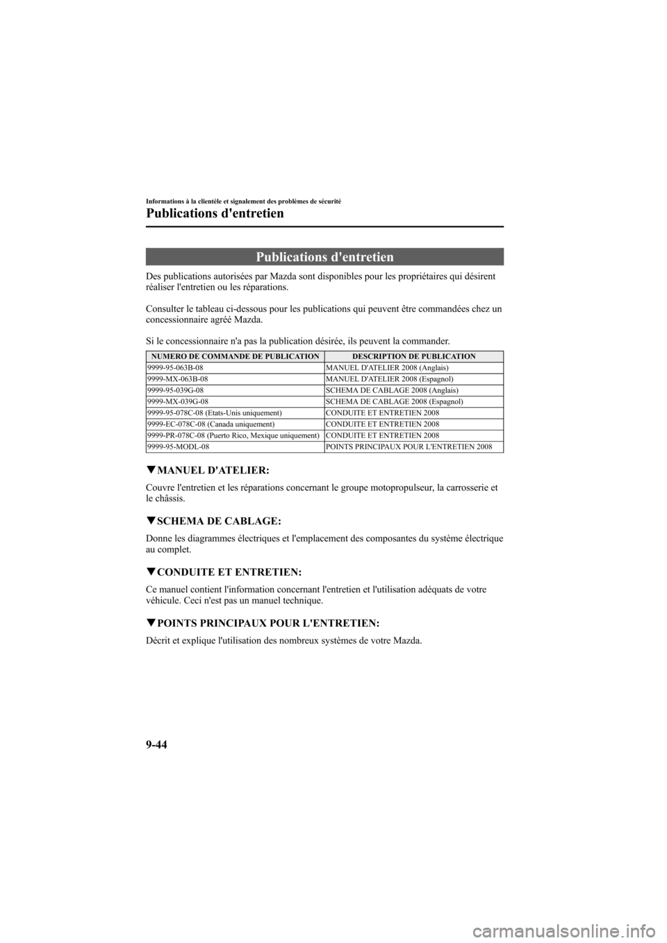 MAZDA MODEL 6 2008 Manuel du propriétaire (in French) Black plate (392,1)
Publications dentretien
Des publications autorisées par Mazda sont disponibles pour les propriétaires qui désirent
réaliser lentretien ou les réparations.
Consulter le table MAZDA MODEL 6 2008 Manuel du propriétaire (in French) Black plate (392,1)
Publications dentretien
Des publications autorisées par Mazda sont disponibles pour les propriétaires qui désirent
réaliser lentretien ou les réparations.
Consulter le table