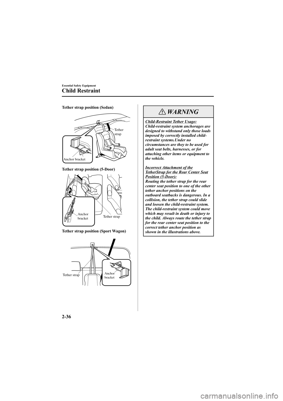 MAZDA MODEL 6 2006 (in English) Service Manual Black plate (50,1)
Tether strap position (Sedan)
Anchor bracketTether
strap
Tether strap position (5-Door)
Tether strap Anchor
bracket
Tether strap position (Sport Wagon)
Anchor
bracketTether strap
W MAZDA MODEL 6 2006 (in English) Service Manual Black plate (50,1)
Tether strap position (Sedan)
Anchor bracketTether
strap
Tether strap position (5-Door)
Tether strap Anchor
bracket
Tether strap position (Sport Wagon)
Anchor
bracketTether strap
W