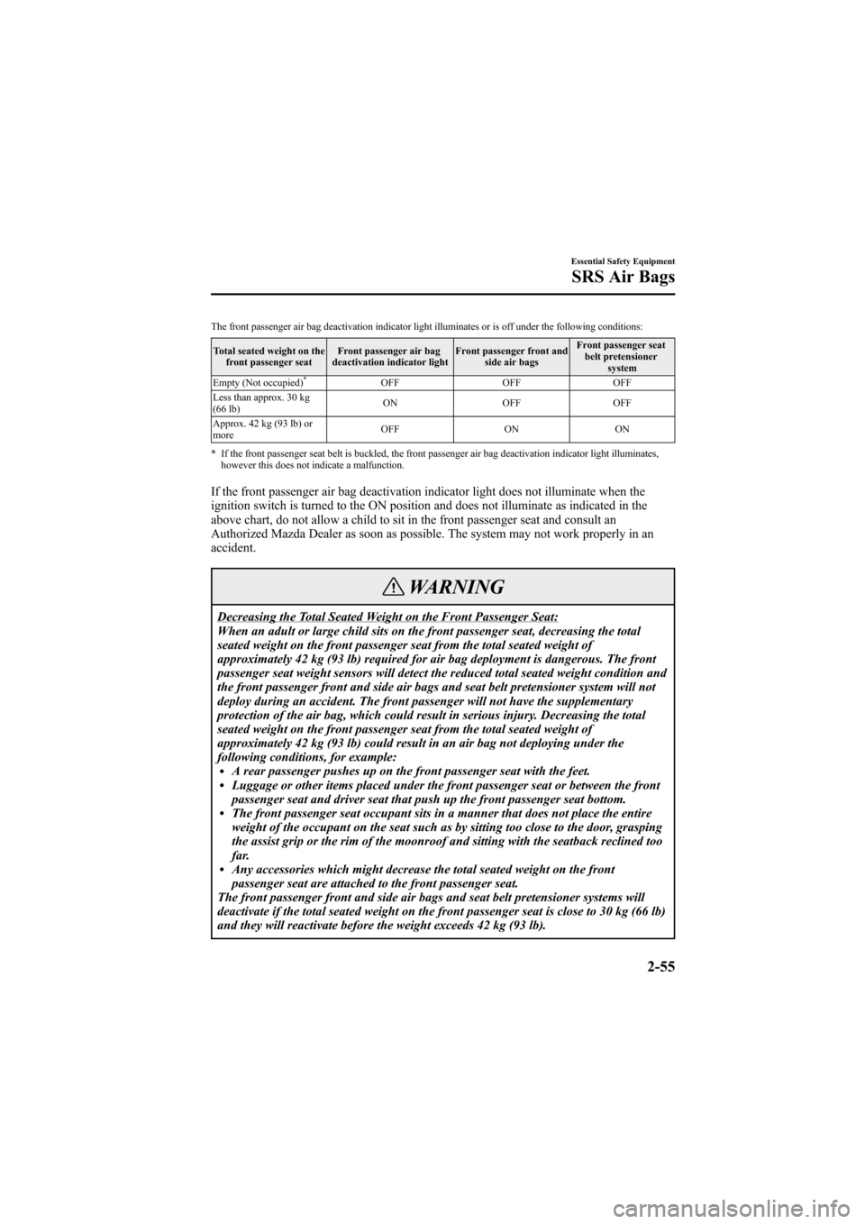 MAZDA MODEL 6 2006 Owners Manual (in English) Black plate (69,1)
The front passenger air bag deactivation indicator light illuminates or is off under the following conditions:
Total seated weight on the
front passenger seatFront passenger air bag MAZDA MODEL 6 2006 Owners Manual (in English) Black plate (69,1)
The front passenger air bag deactivation indicator light illuminates or is off under the following conditions:
Total seated weight on the
front passenger seatFront passenger air bag
