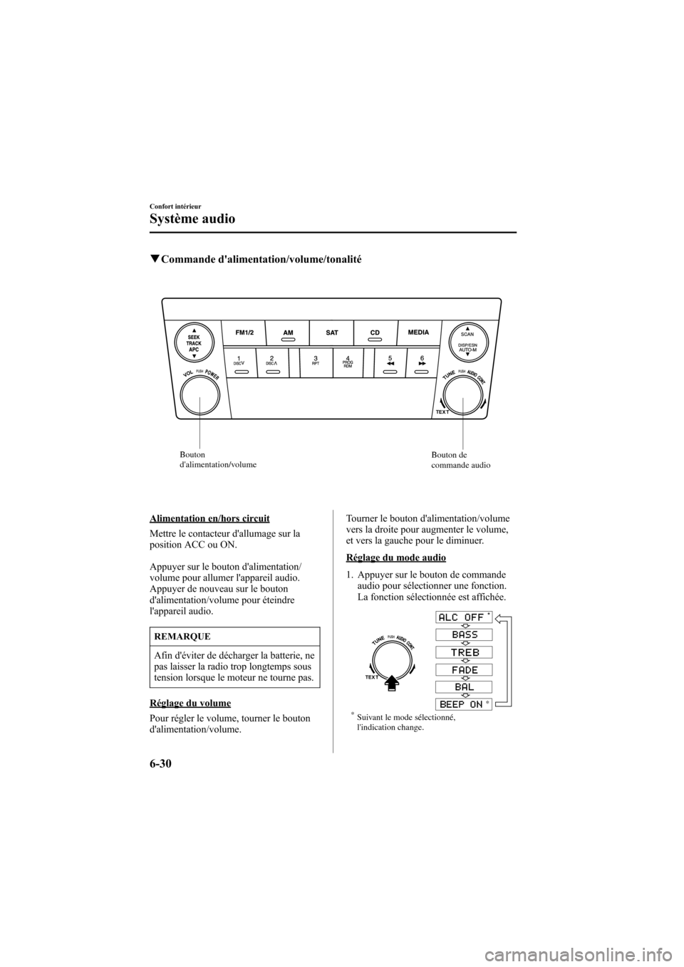 MAZDA MODEL 6 2006  Manuel du propriétaire (in French) Black plate (234,1)
qCommande dalimentation/volume/tonalité
Bouton
dalimentation/volumeBouton de 
commande audio
Alimentation en/hors circuit
Mettre le contacteur dallumage sur la
position ACC ou 