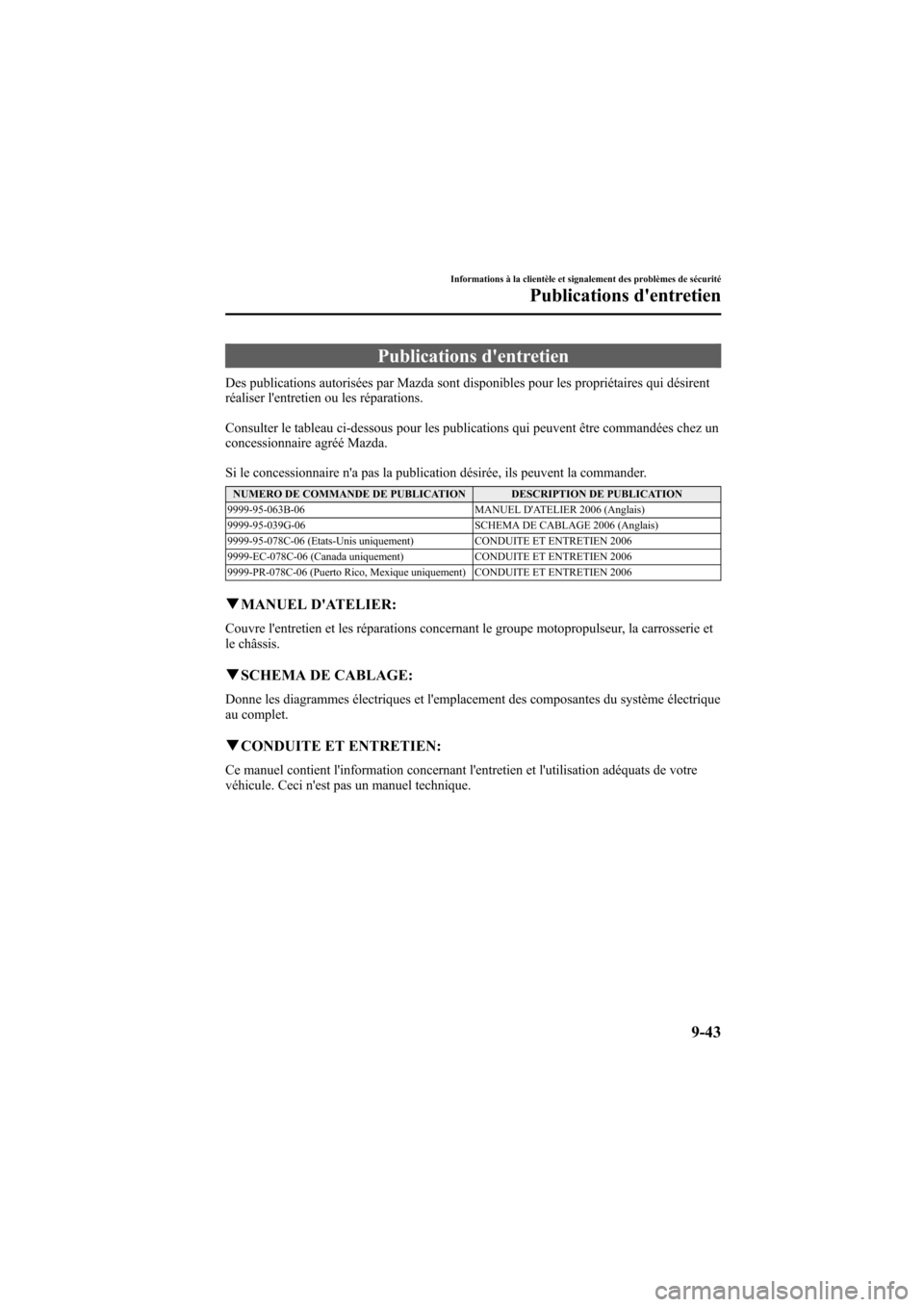 MAZDA MODEL 6 2006 Manuel du propriétaire (in French) Black plate (405,1)
Publications dentretien
Des publications autorisées par Mazda sont disponibles pour les propriétaires qui désirent
réaliser lentretien ou les réparations.
Consulter le table MAZDA MODEL 6 2006 Manuel du propriétaire (in French) Black plate (405,1)
Publications dentretien
Des publications autorisées par Mazda sont disponibles pour les propriétaires qui désirent
réaliser lentretien ou les réparations.
Consulter le table