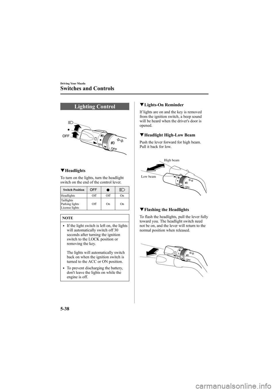 MAZDA MODEL 6 2005   (in English) User Guide Black plate (162,1)
Lighting Control
qHeadlights
To turn on the lights, turn the headlight
switch on the end of the control lever.
Switch Position
Headlights Off Off On
Taillights
Parking lights
Licen