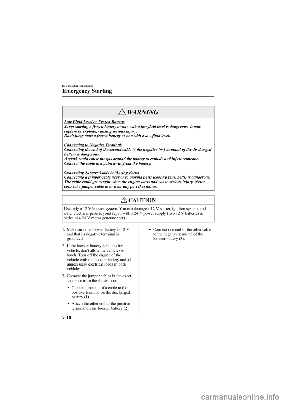 MAZDA MODEL 6 2005  Owners Manual (in English) Black plate (246,1)
WARNING
Low Fluid Level or Frozen Battery:
Jump-starting a frozen battery or one with a low fluid level is dangerous. It may
rupture or explode, causing serious injury.
Dont jump-