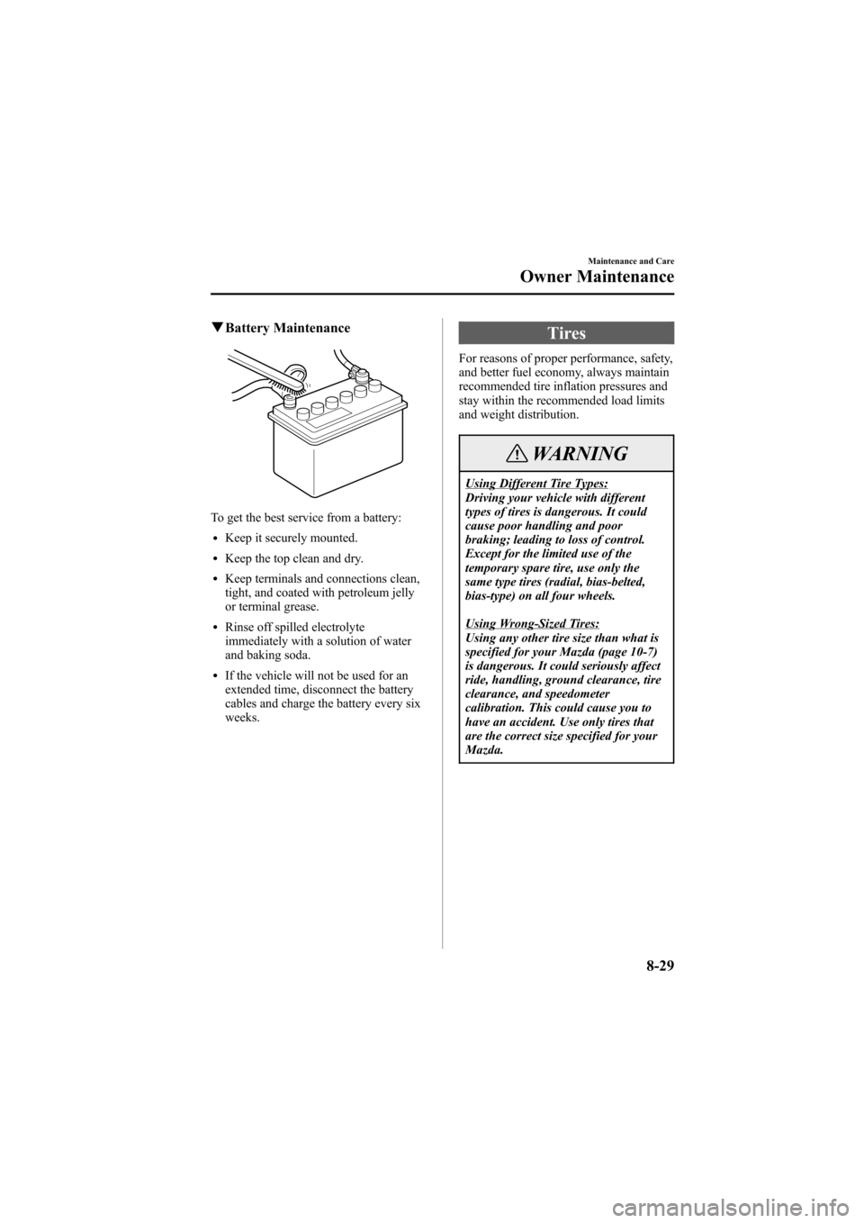 MAZDA MODEL 6 2005   (in English) Owners Guide Black plate (279,1)
qBattery Maintenance
To get the best service from a battery:
lKeep it securely mounted.
lKeep the top clean and dry.
lKeep terminals and connections clean,
tight, and coated with p