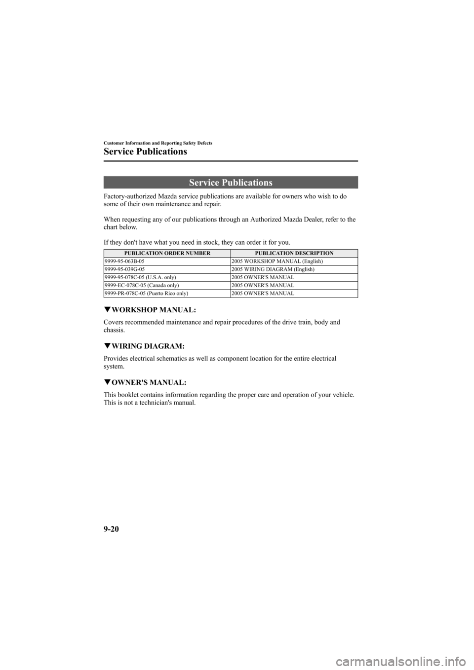 MAZDA MODEL 6 2005 Owners Manual (in English) Black plate (324,1)
Service Publications
Factory-authorized Mazda service publications are available for owners who wish to do
some of their own maintenance and repair.
When requesting any of our publ MAZDA MODEL 6 2005 Owners Manual (in English) Black plate (324,1)
Service Publications
Factory-authorized Mazda service publications are available for owners who wish to do
some of their own maintenance and repair.
When requesting any of our publ